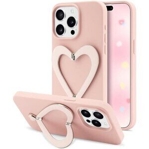 Ip 16 15 14 Pink 3D Heart Slim Silicone Phone Case w/ Kickstand